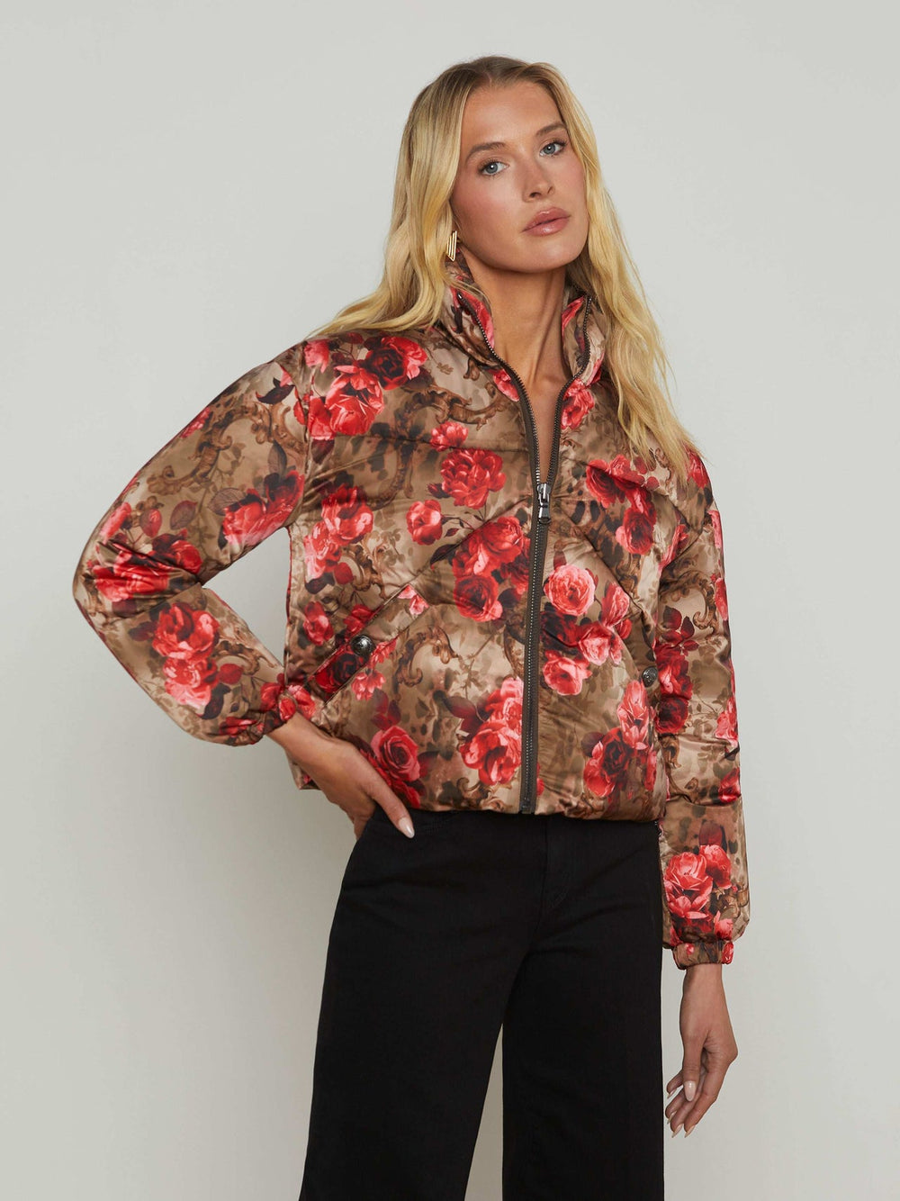 Jessi Cropped Puffer Jacket in Army/Pink Floral Cheetah