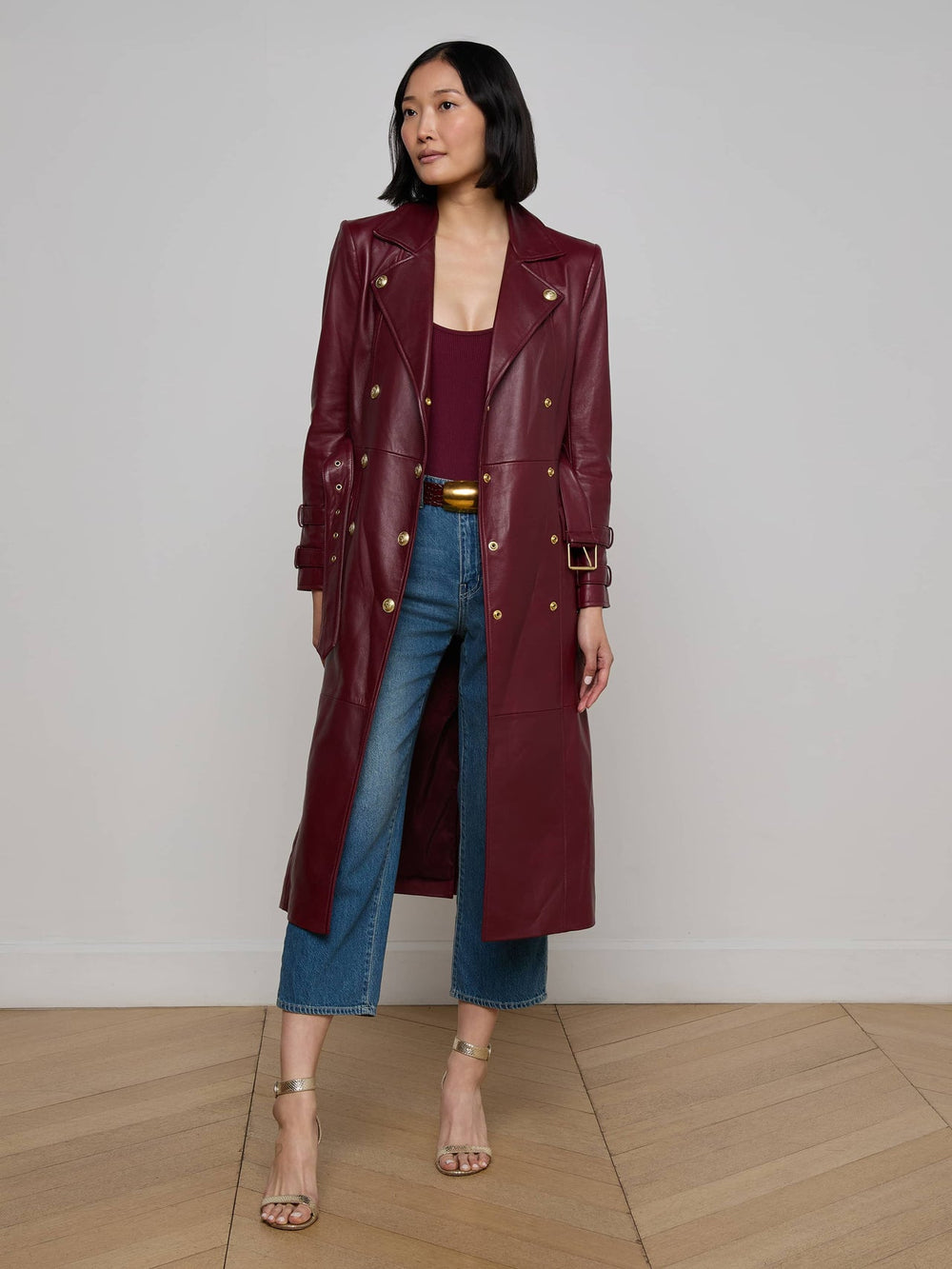 Celina Leather Trench Coat in Black Cherry