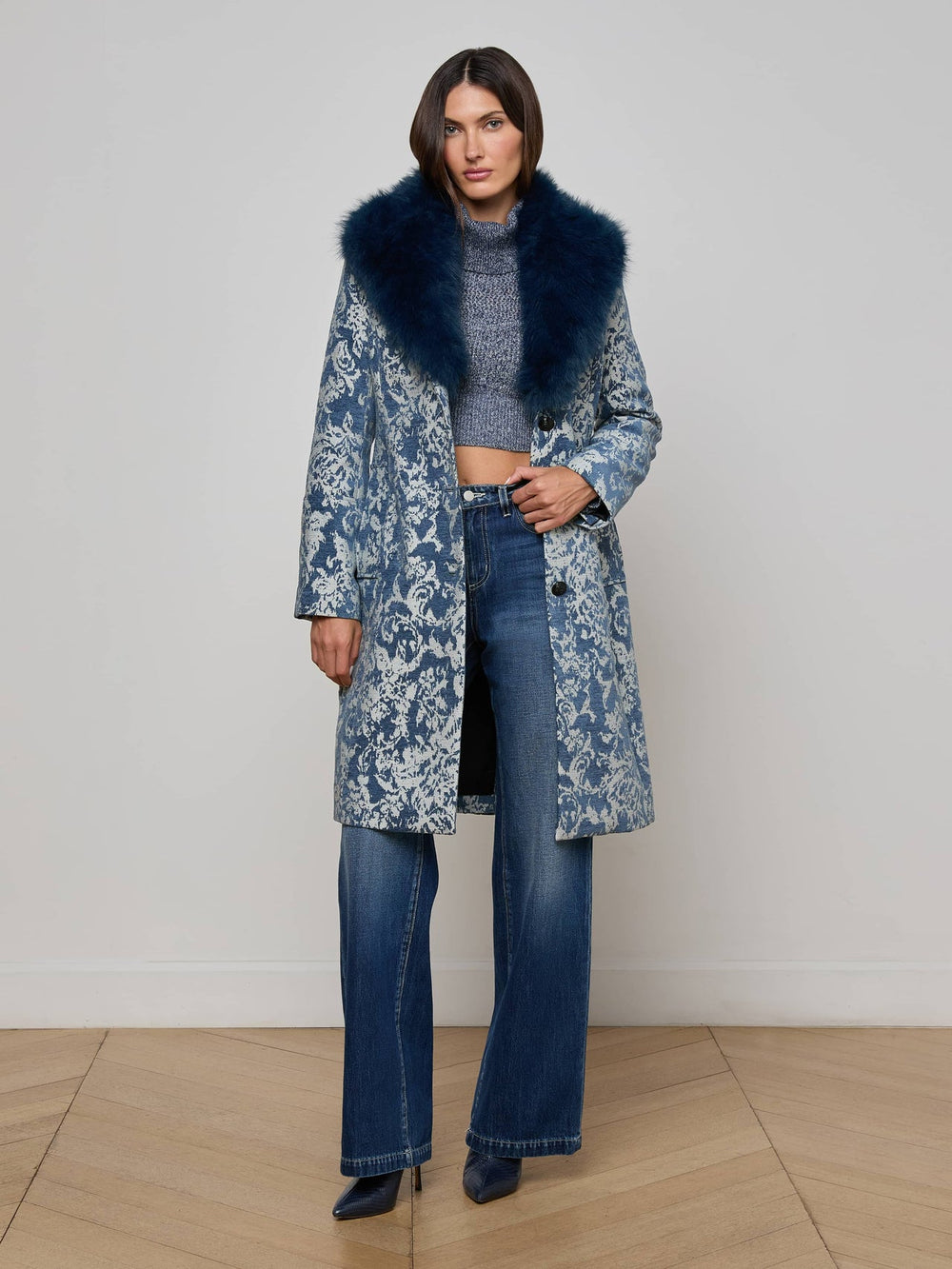 Laney Jacquard Coat in Dark Blue Stone Jacquard