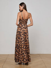 Sutton Beaded Strap Maxi Dress in Tan/Black Large Leopard