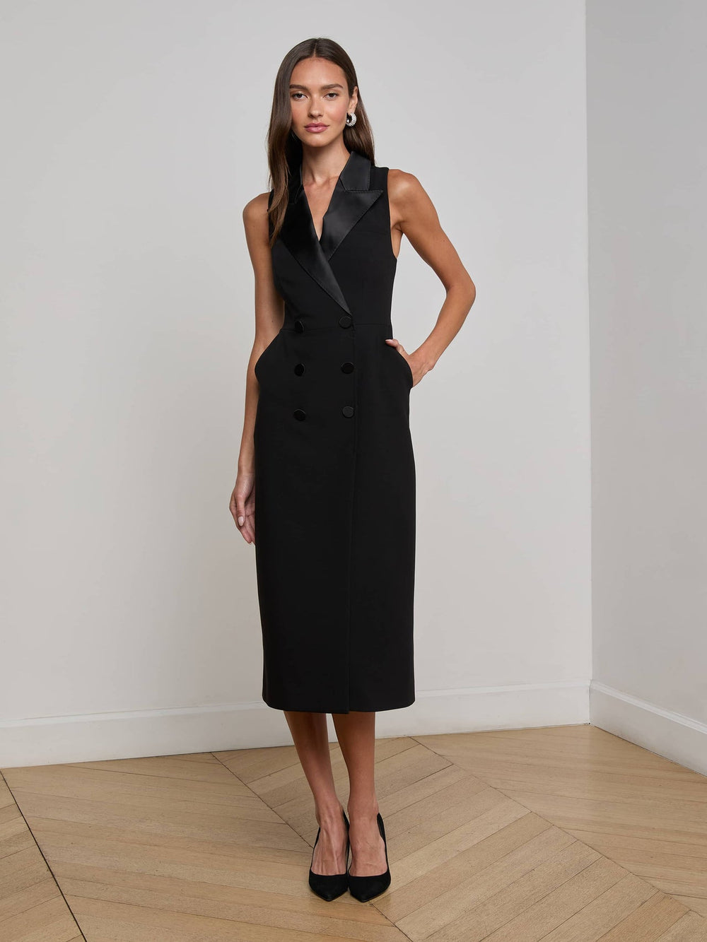 Catherine Tuxedo Midi Dress in Black