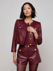 Deidra Cropped Leather Jacket in Black Cherry