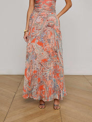 Orange Torin Pleated Maxi Skirt in Light Blue Paisley Print