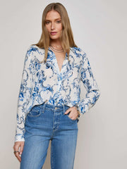 Holly Blouse in White/Blue Baroque Swirl
