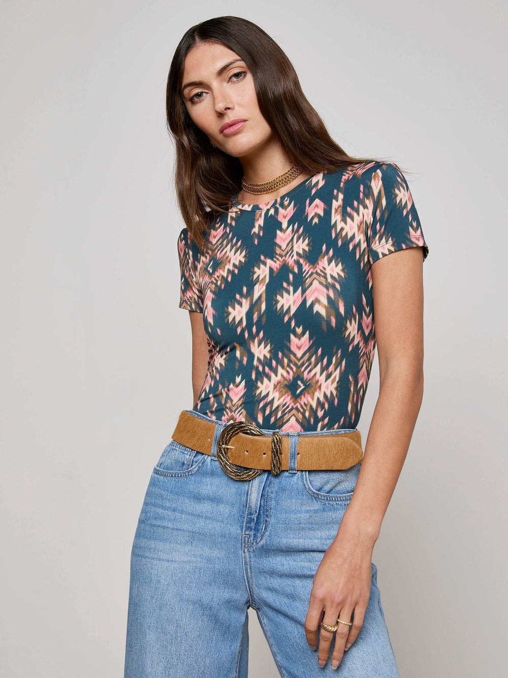 Ressi Fitted Tee in Charcoal Multi Ganado Print