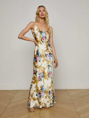 Serita Silk Gown in Vintage White Large Floral Baroque