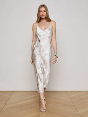 Seridie Silk Slip Dress in White Feather Print