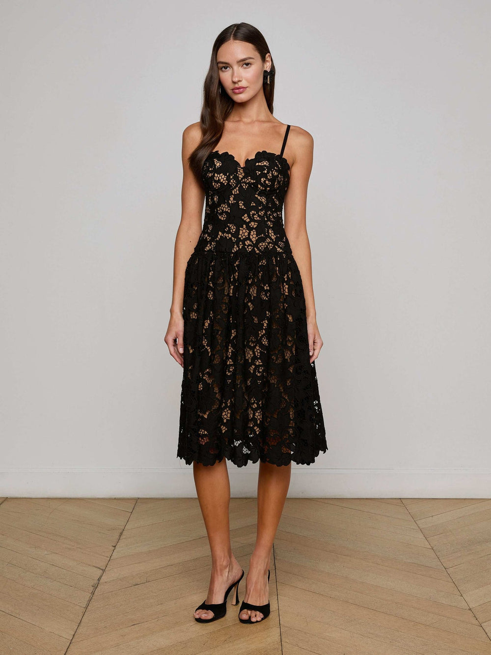 Flyn Lace Midi Dress in Black