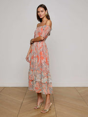 Oriel Off-The-Shoulder Dress - Orange/Light Blue Paisley