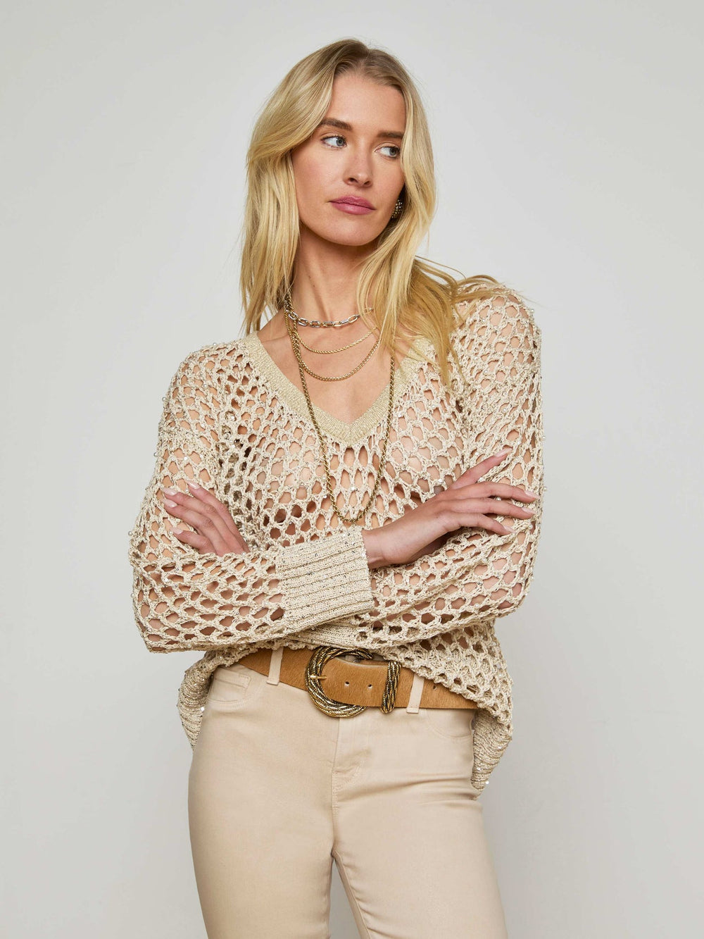 Nashwa Embellished Sweater in Natural Multi Pearls