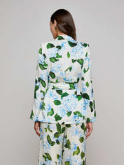 Ciara Satin Robe Top in Ivory/Light Blue Large Hydrangea