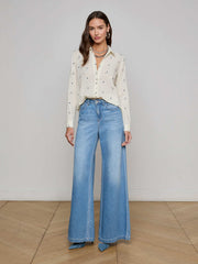 Ecru Laurent Embroidered Blouse with Multiple Blue Flowers