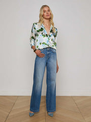 Dani Silk Blouse in Ivory/Light Blue Hydrangea