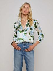 Dani Silk Blouse in Ivory/Light Blue Hydrangea