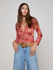 Indiana Mesh Blouse in Light Coral Multi Western Rose Print