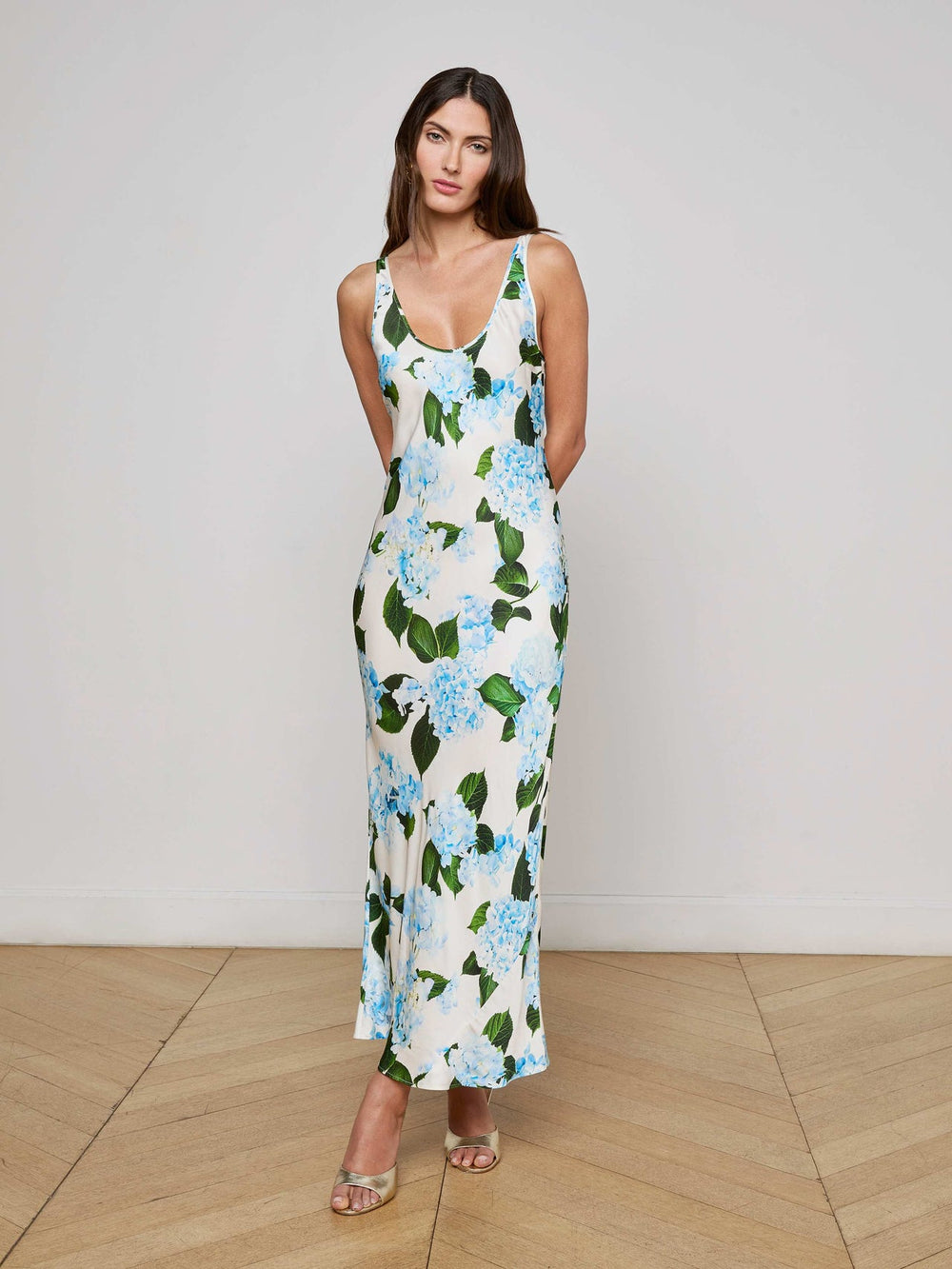 Akiya Satin Maxi Dress in Ivory/Light Blue Large Hydrangea