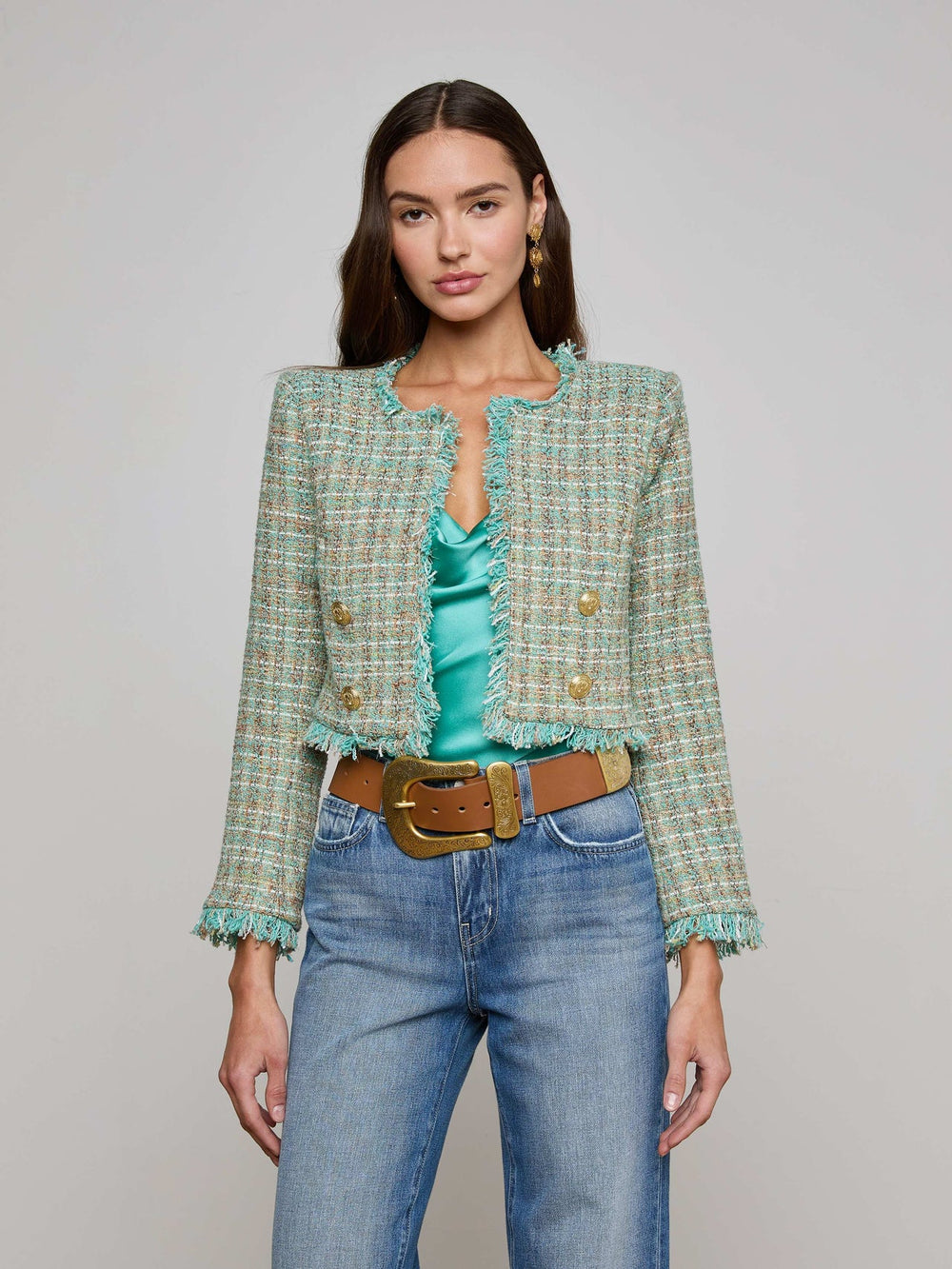 Clydie Cropped Tweed Jacket in Lagoon/Light Brown Tweed