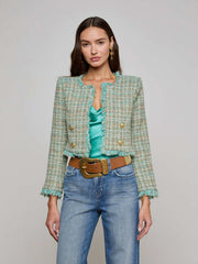 Clydie Cropped Tweed Jacket in Lagoon/Light Brown Tweed
