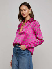 Tyler Silk Blouse in Fuchsia/Turquoise Southwestern Geo