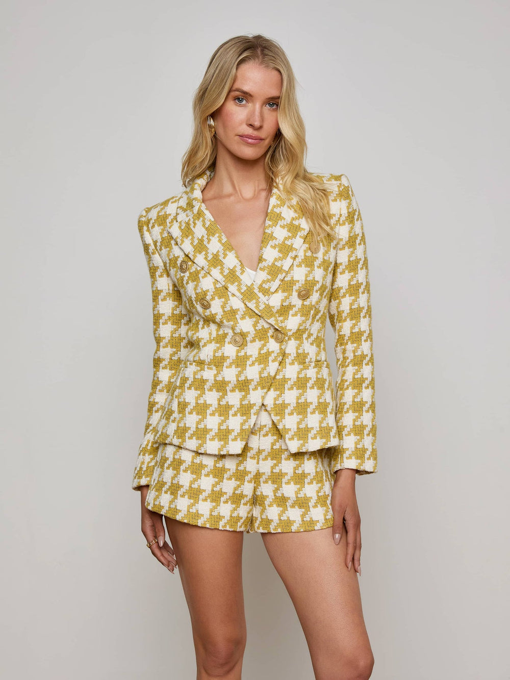 Marie Houndstooth Tweed Blazer in Ceylon Yellow/ Ivory Houndstooth