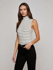 Rosie Mock-Neck Tank in Black/Ivory Stripe