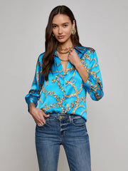 Dani Silk Blouse in Dresden Blue/Gold Multi Southwest Chain