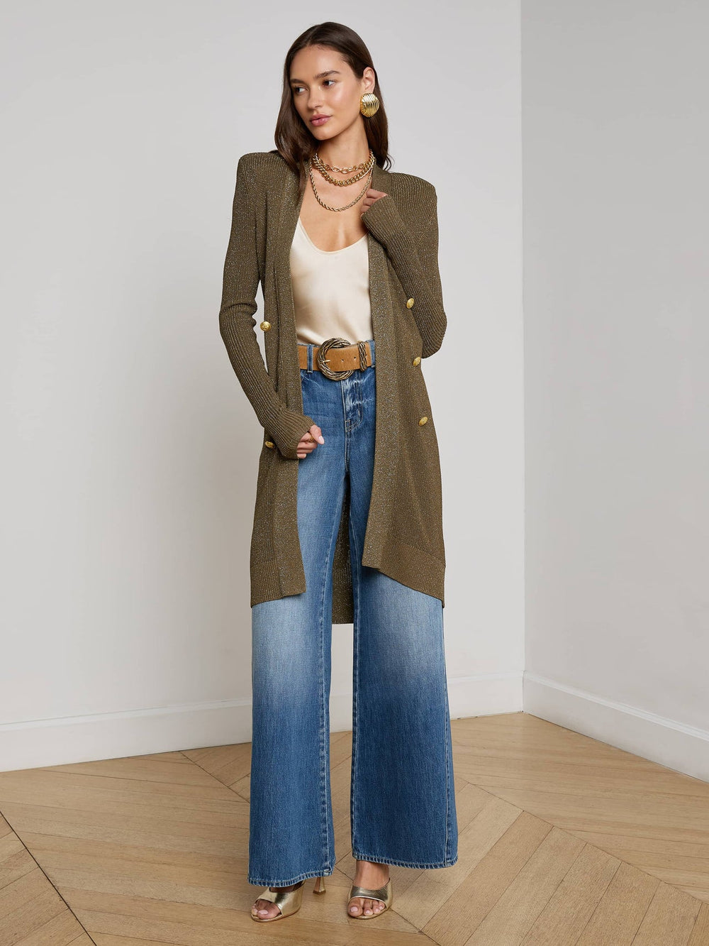 Noe Double-Breasted Cardigan in Pine/Gold