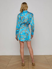 Demie Satin Shirt Dress in Dresden Blue/Gold Multi Southwest Chain