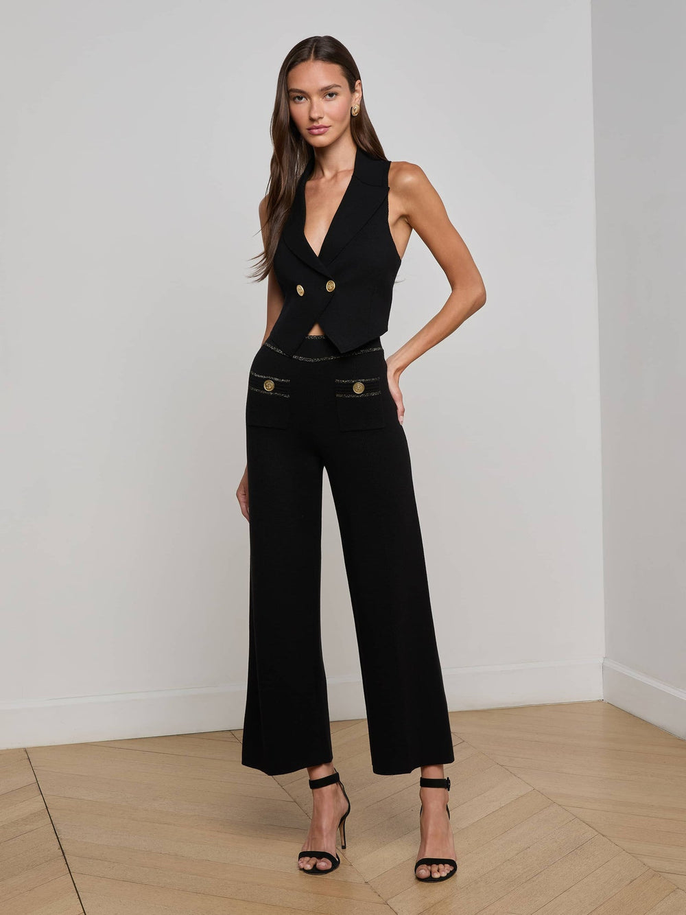 Madrid Wide Leg Knit Pant in Black/Gold