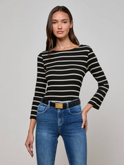 Lucille Striped Boatneck Top in Black/Oat Stripe