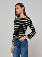 Lucille Striped Boatneck Top in Black/Oat Stripe