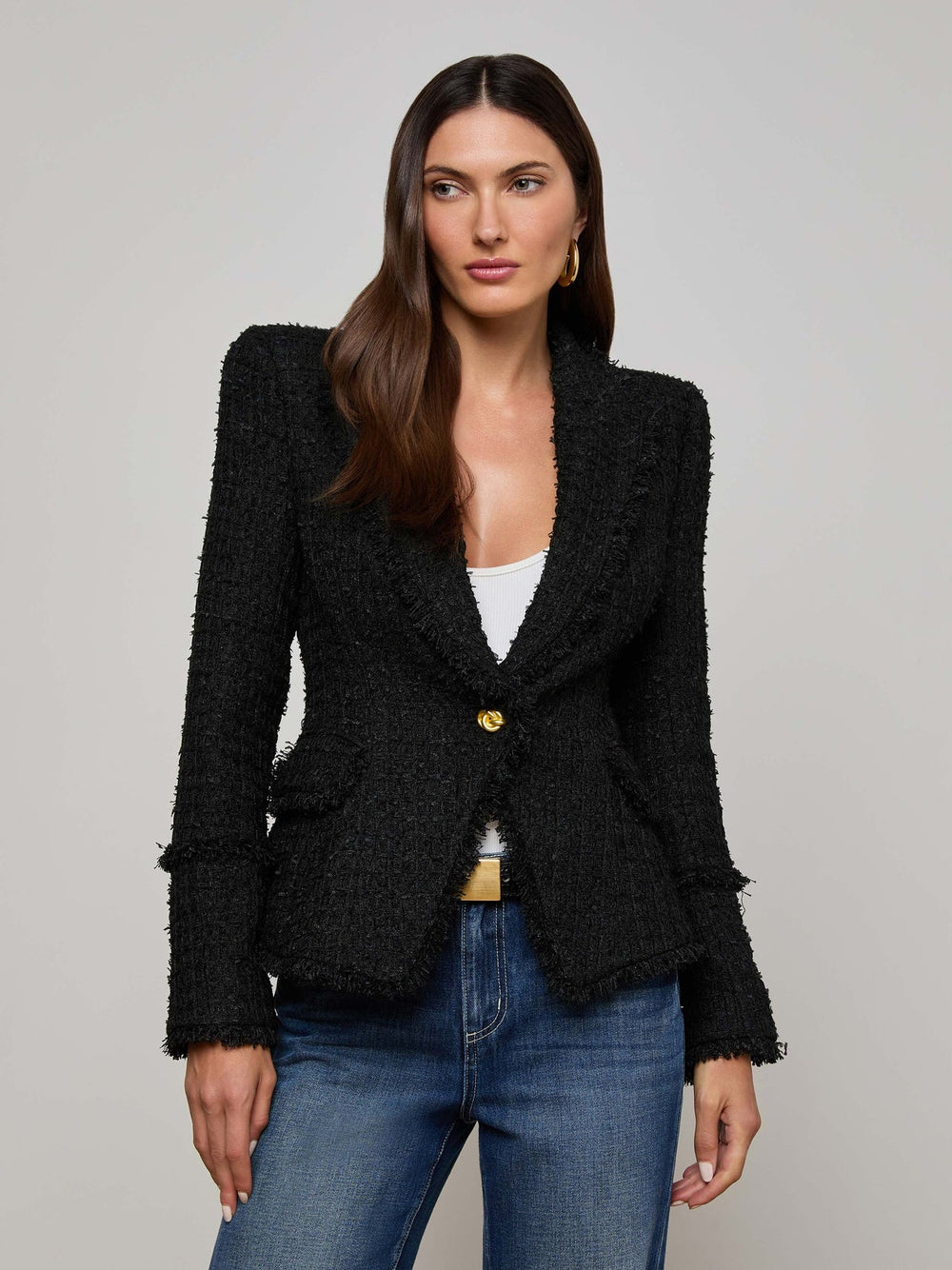 Kaisley Frayed Trim Blazer in Black