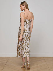 Seridie Silk Slip Dress in Smoke Grey/Gold Long Horn Chain