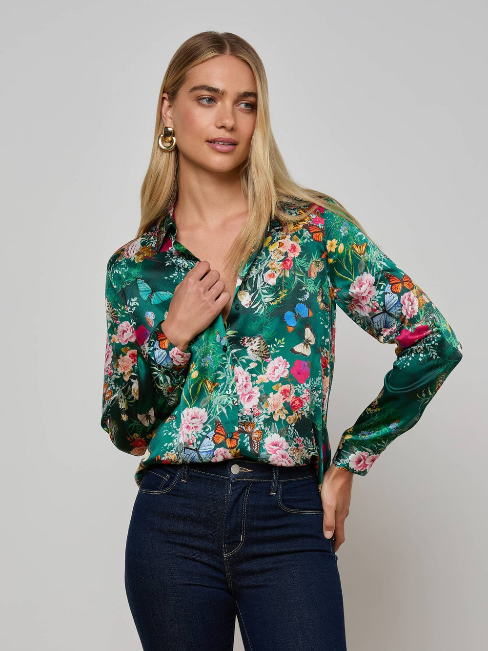 Tyler Silk Blouse in Bottle Green Multi Charonda Butterfly