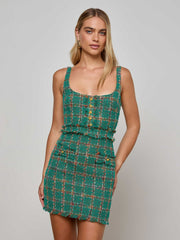 Valli Tweed Mini Dress in Green Windowpane Tweed