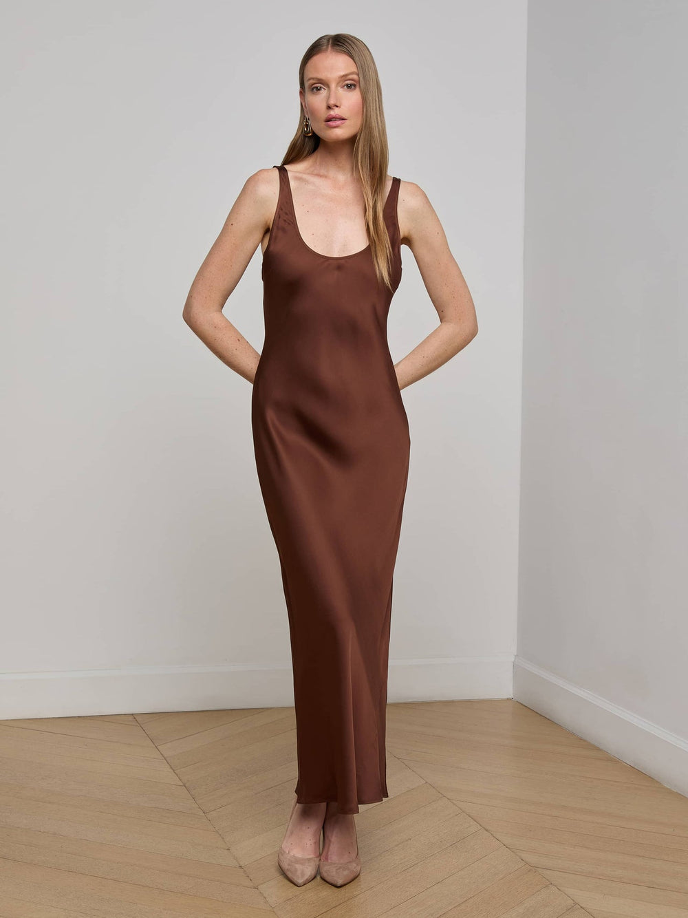 Akiya Satin Maxi Dress in Hot Fudge