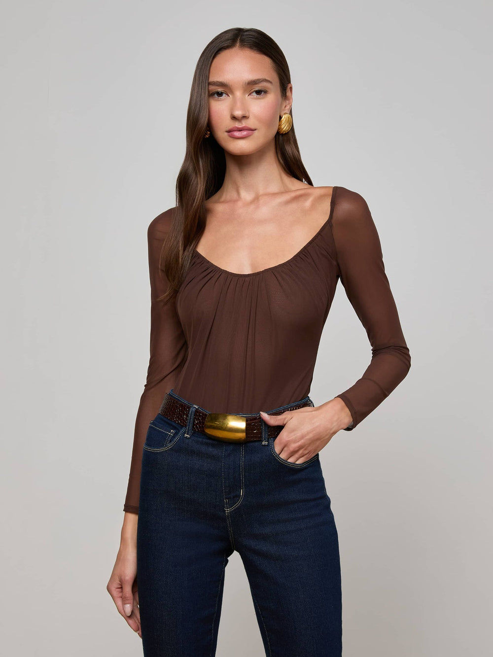 Gwendolyn Mesh Bodysuit in Chocolate