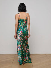 Sayla Silk Gown in Bottle Green Multi Charonda Butterfly