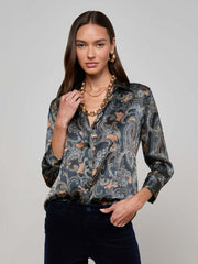 Dani Silk Blouse in Midnight Multi Etched Paisley
