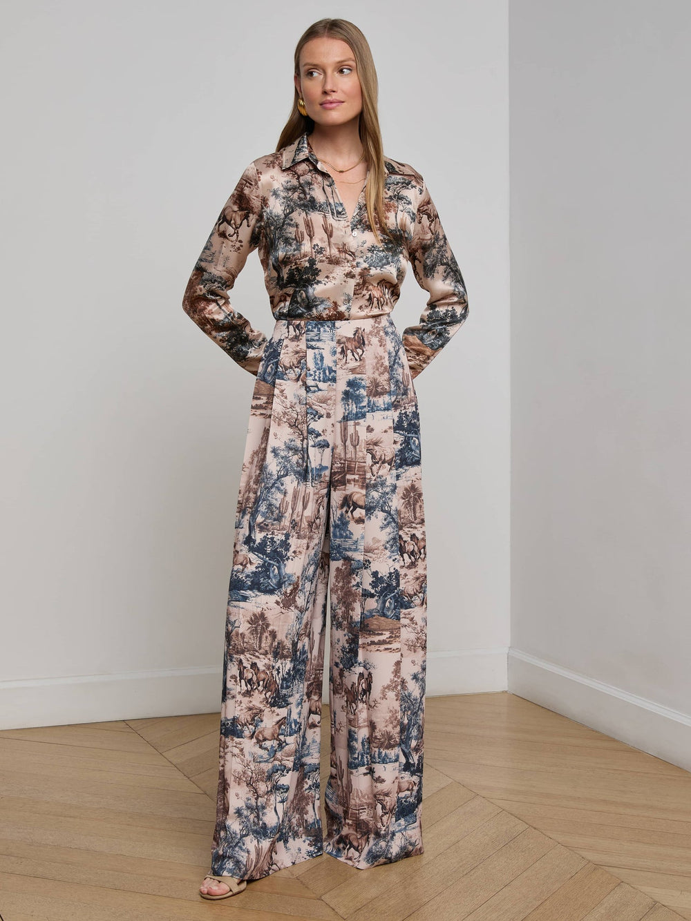 Nova Pleated Wide-Leg Pant in Tan Multi Western Toile