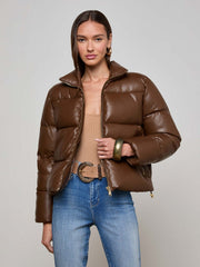 Larsen Vegan Leather Puffer Jacket in Carafe Brown/Valencia Leopard