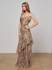 Viola Silk Gown in Brown/Blue Valencia Leopard