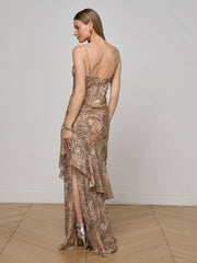 Viola Silk Gown in Brown/Blue Valencia Leopard