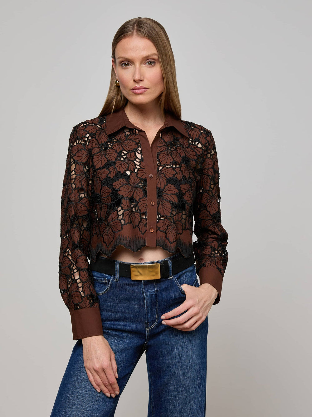 Seychelle Cropped Lace Blouse in Hot Fudge/Black