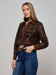 Seychelle Cropped Lace Blouse in Hot Fudge/Black