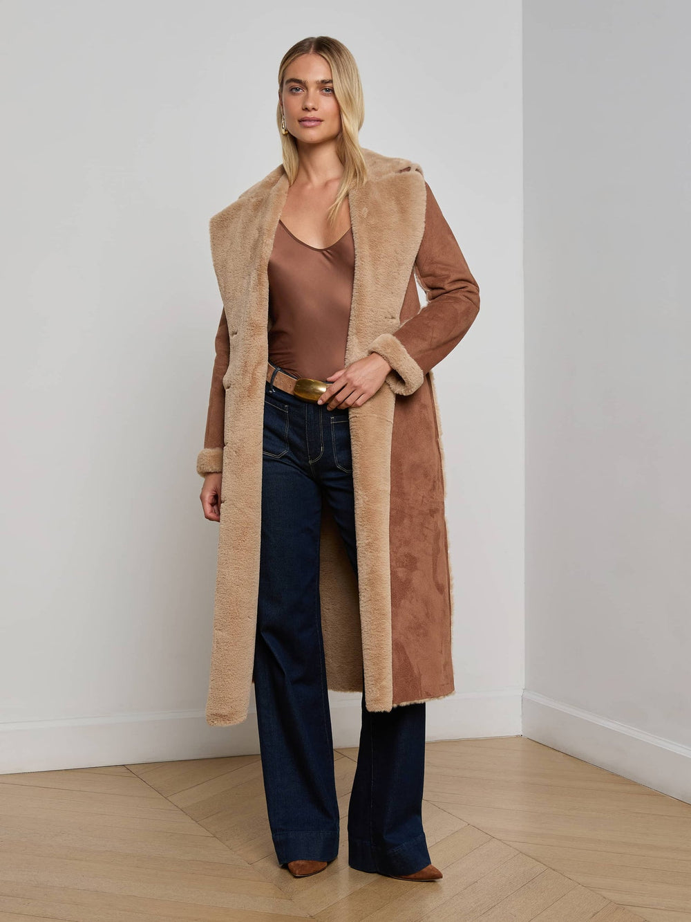 Citron Faux Fur Maxi Coat in Sepia Brown/Light Almond