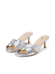 Aveline Kitten-Heel Sandal in Silver Leather