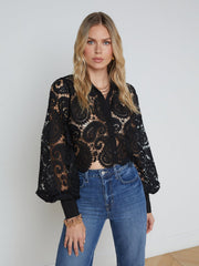 Odelia Cropped Paisley Lace Blouse in Black