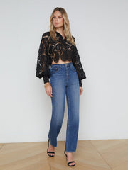 Odelia Cropped Paisley Lace Blouse in Black