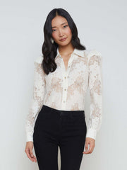 Jenica Long-Sleeve Lace Button-Down Blouse in Ivory